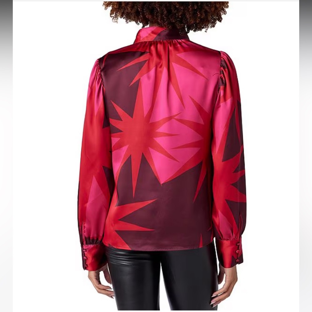 NWT CROSBY by Mollie Burch Leland Satin Faille Star Print Mock Neck  Blouse - Picture 2 of 6